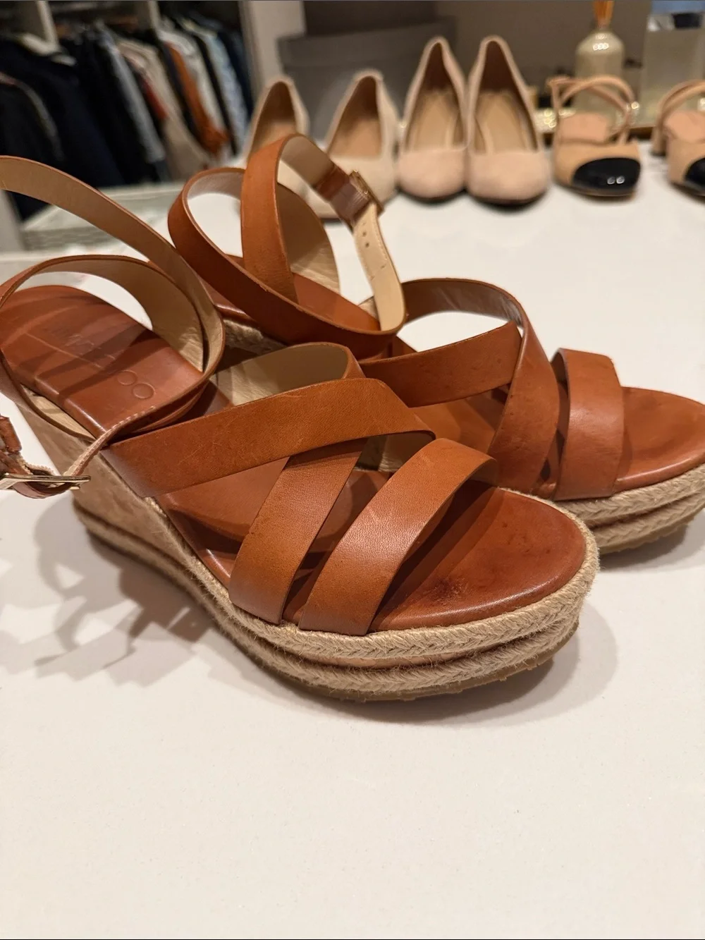 Jimmy Choo size 40 Leather Strappy Wedge Sandals in Tan